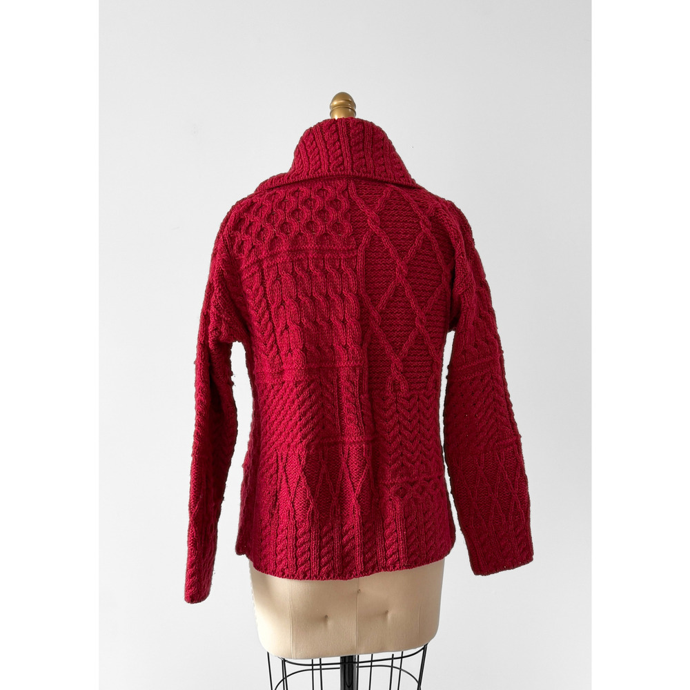 Aran Carraig Donn Irish Cranberry Red 100% Merino Wool Button Knit Sweater - Picture 8 of 11